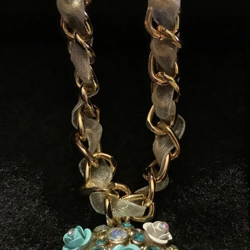 Betsey Johnson Ribbon Chain Collar Choker Crystal Pave Sugar Rose Skull Necklace